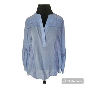 Soft Surroundings Trianon Boho Blouse - L - Periwinkle Blue Crochet Lace Cotton